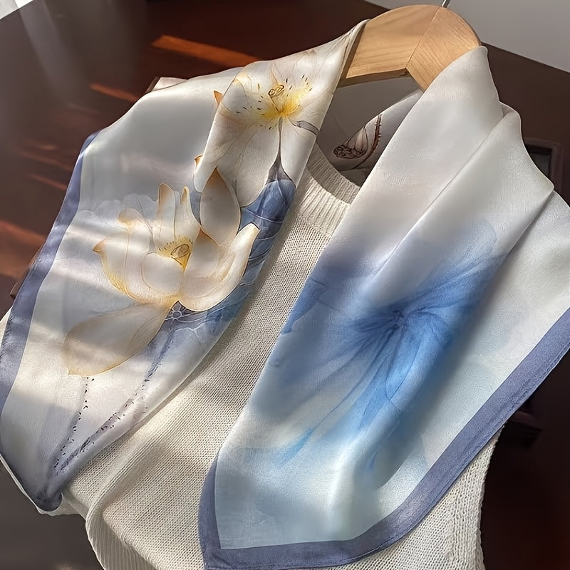 A Fresh and Elegant 100% Silk New Chinese-style Ink Wash Print Square Scarf, Silk Scarf, Headscarf, Neck Accessory, Neck Warmer, and Shawl. Featuring a Light Beige Base Paired with Freehand Ink-wash Line Elements in Soft-blended Pale Blue, the Hazy