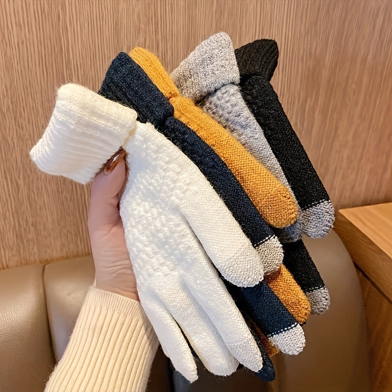 1 Pair Thermal Winter Woolen Gloves, Solid Color Touch Screen Thickened Sports Gloves for Cycling Hiking