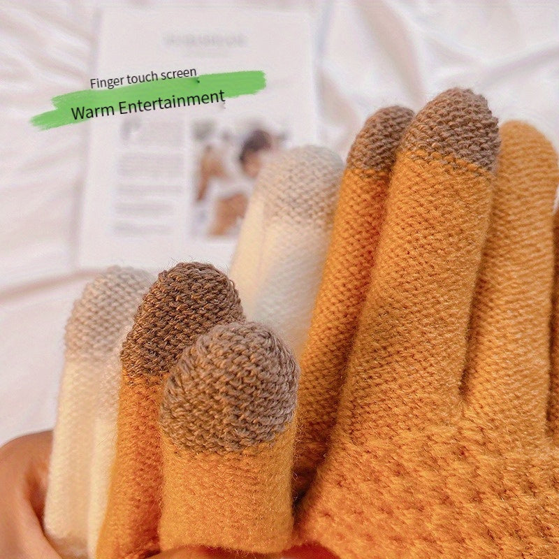 1 Pair Thermal Winter Woolen Gloves, Solid Color Touch Screen Thickened Sports Gloves for Cycling Hiking