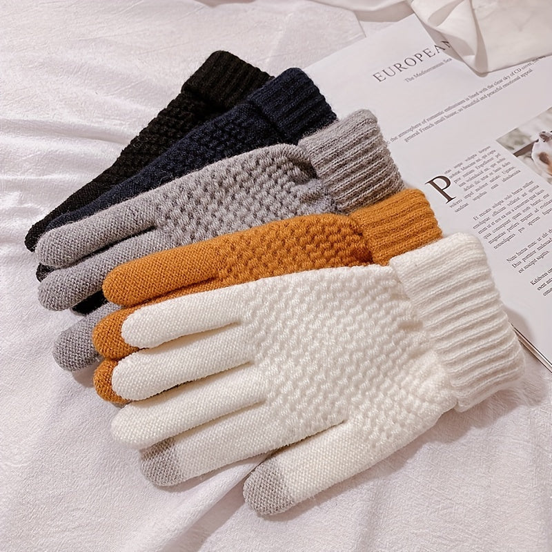 1 Pair Thermal Winter Woolen Gloves, Solid Color Touch Screen Thickened Sports Gloves for Cycling Hiking