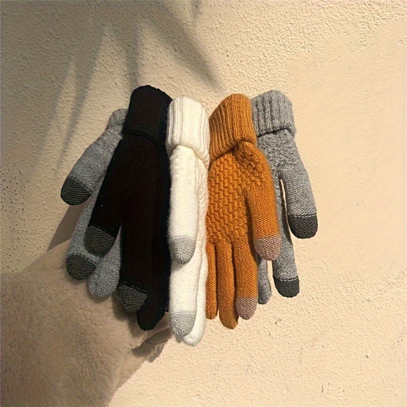 1 Pair Thermal Winter Woolen Gloves, Solid Color Touch Screen Thickened Sports Gloves for Cycling Hiking