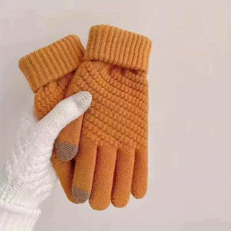 1 Pair Thermal Winter Woolen Gloves, Solid Color Touch Screen Thickened Sports Gloves for Cycling Hiking