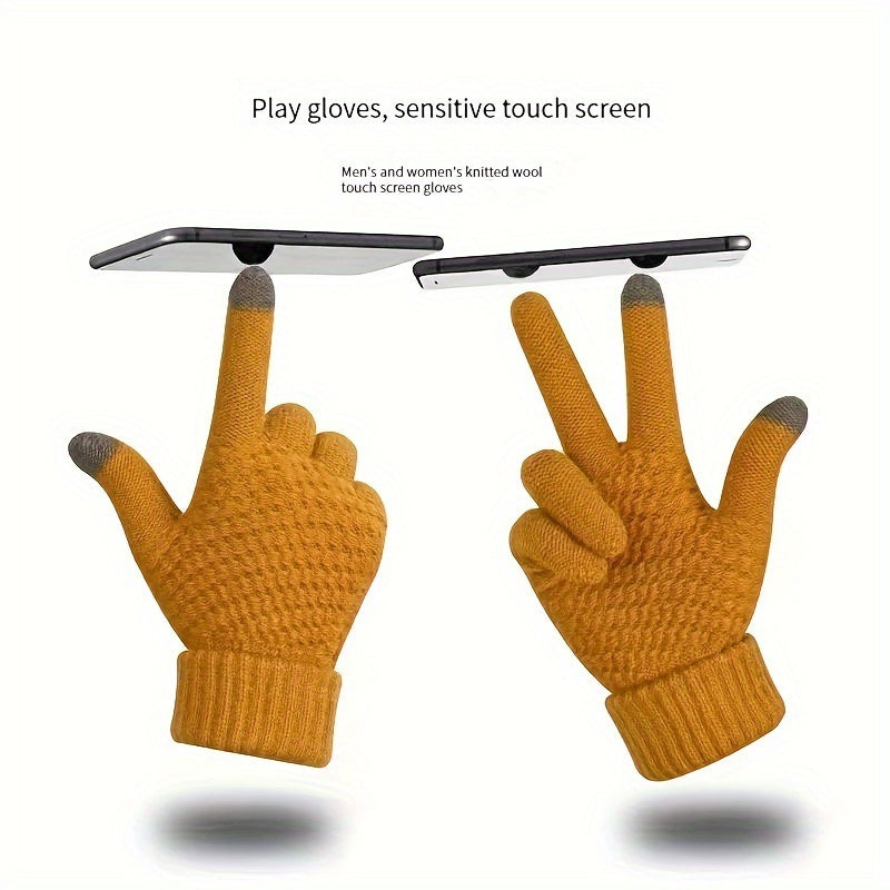 1 Pair Thermal Winter Woolen Gloves, Solid Color Touch Screen Thickened Sports Gloves for Cycling Hiking