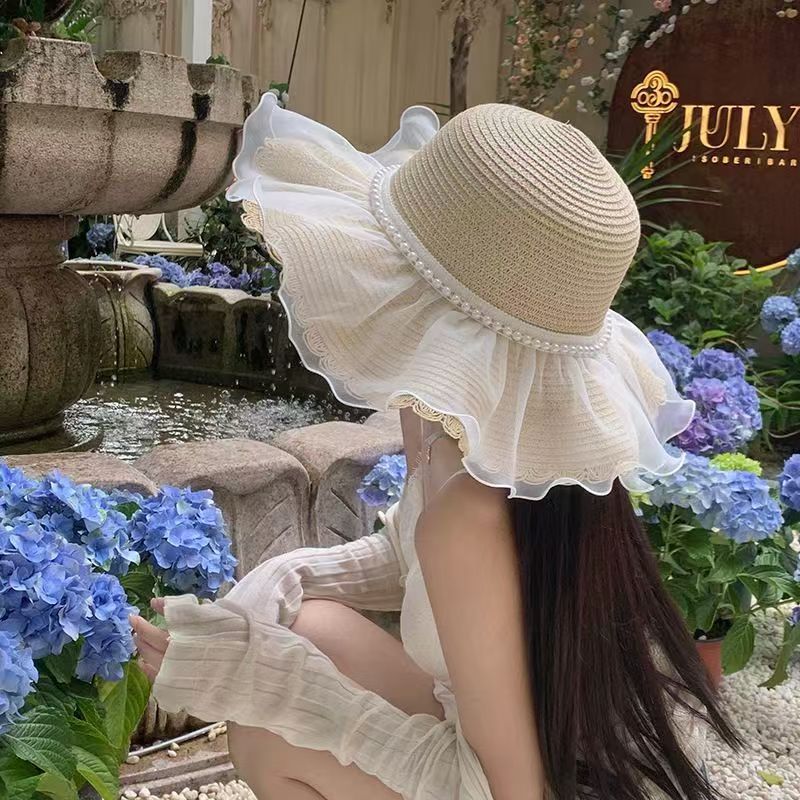 French-style Lace Bow Straw Hat for Women, Summer Large Brim Hat, Beach Vacation Sun Hat