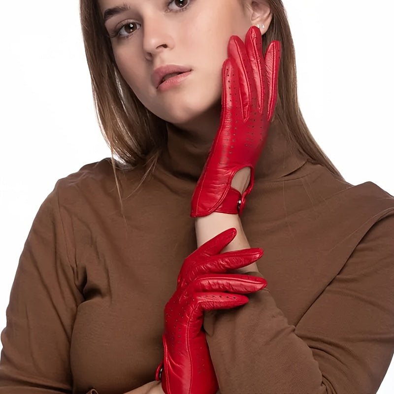 1-Pair Women's Top-Grade Lambskin Gloves - Breathable Perforated Genuine Sheepskin Leather, Thin Gloves Suitable for Outdoor Cycling, Winter Sports & Daily Wear - Soft Gloves (Dry Only)