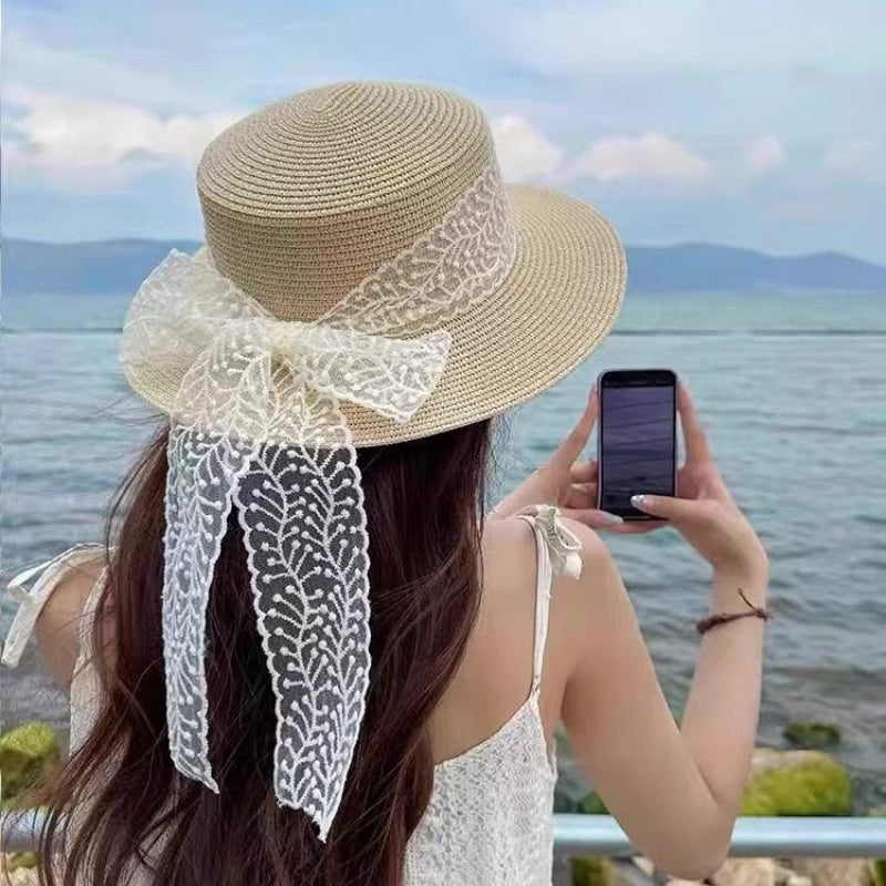 French-style Lace Bow Straw Hat for Women, Summer Large Brim Hat, Beach Vacation Sun Hat