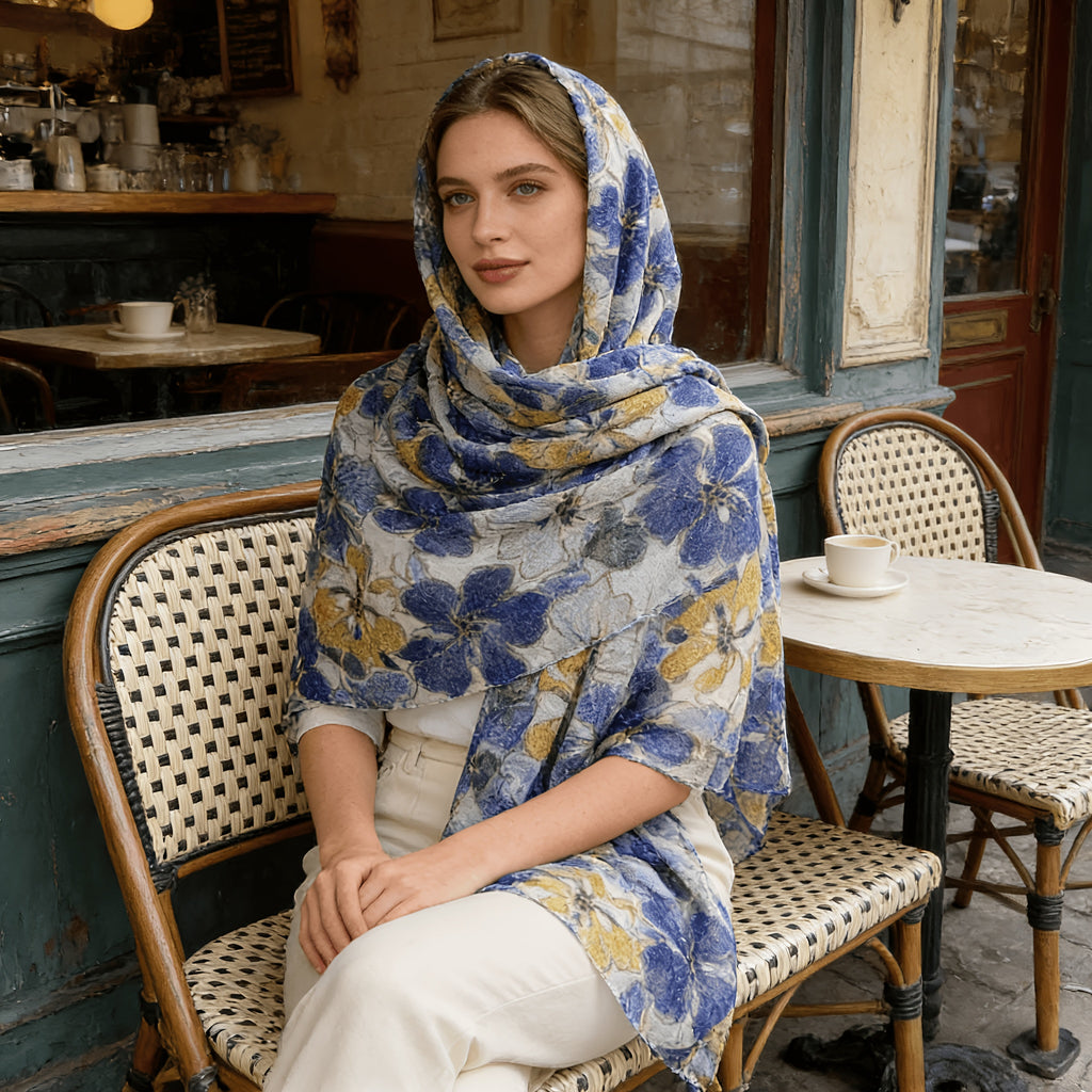 1pc Blue Golden Floral Bali Gauze Shawl for Women Spring Summer Thin Breathable Sunscreen Wrap Vacation Atmosphere Gauze Scarf Lightweight Flowy Skin-Friendly Non-Sweaty Multi-Scene Versatile
