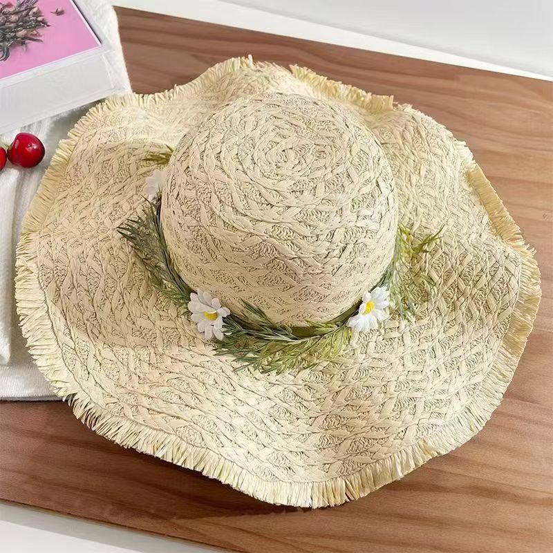 French-style Lace Bow Straw Hat for Women, Summer Large Brim Hat, Beach Vacation Sun Hat