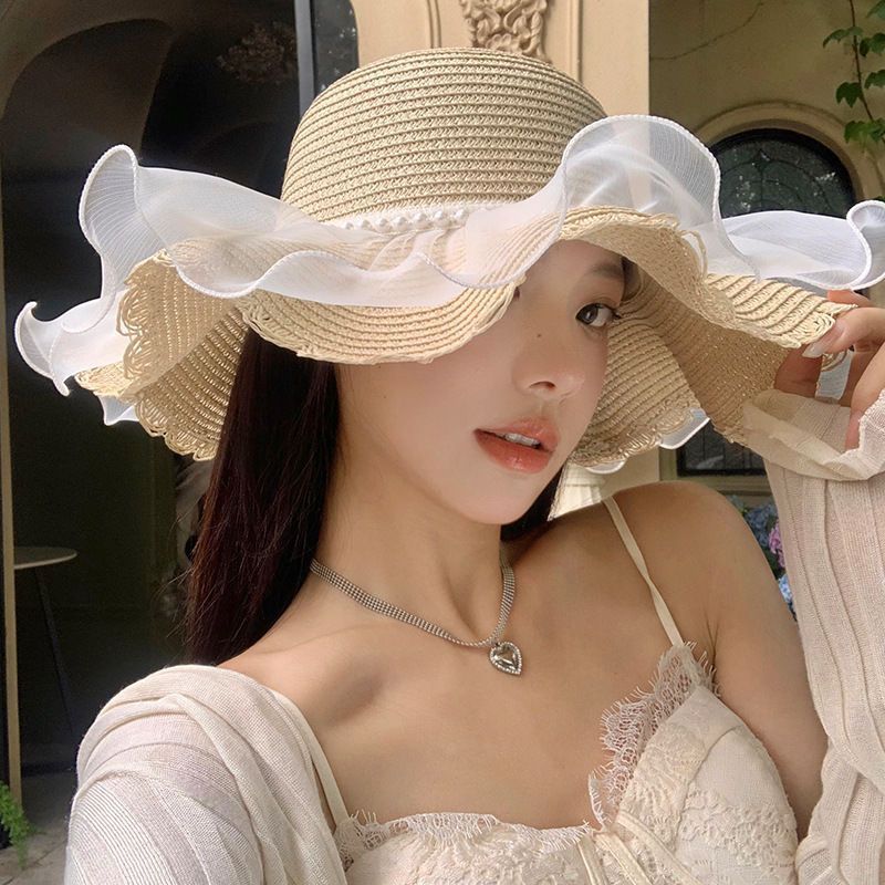 French-style Lace Bow Straw Hat for Women, Summer Large Brim Hat, Beach Vacation Sun Hat