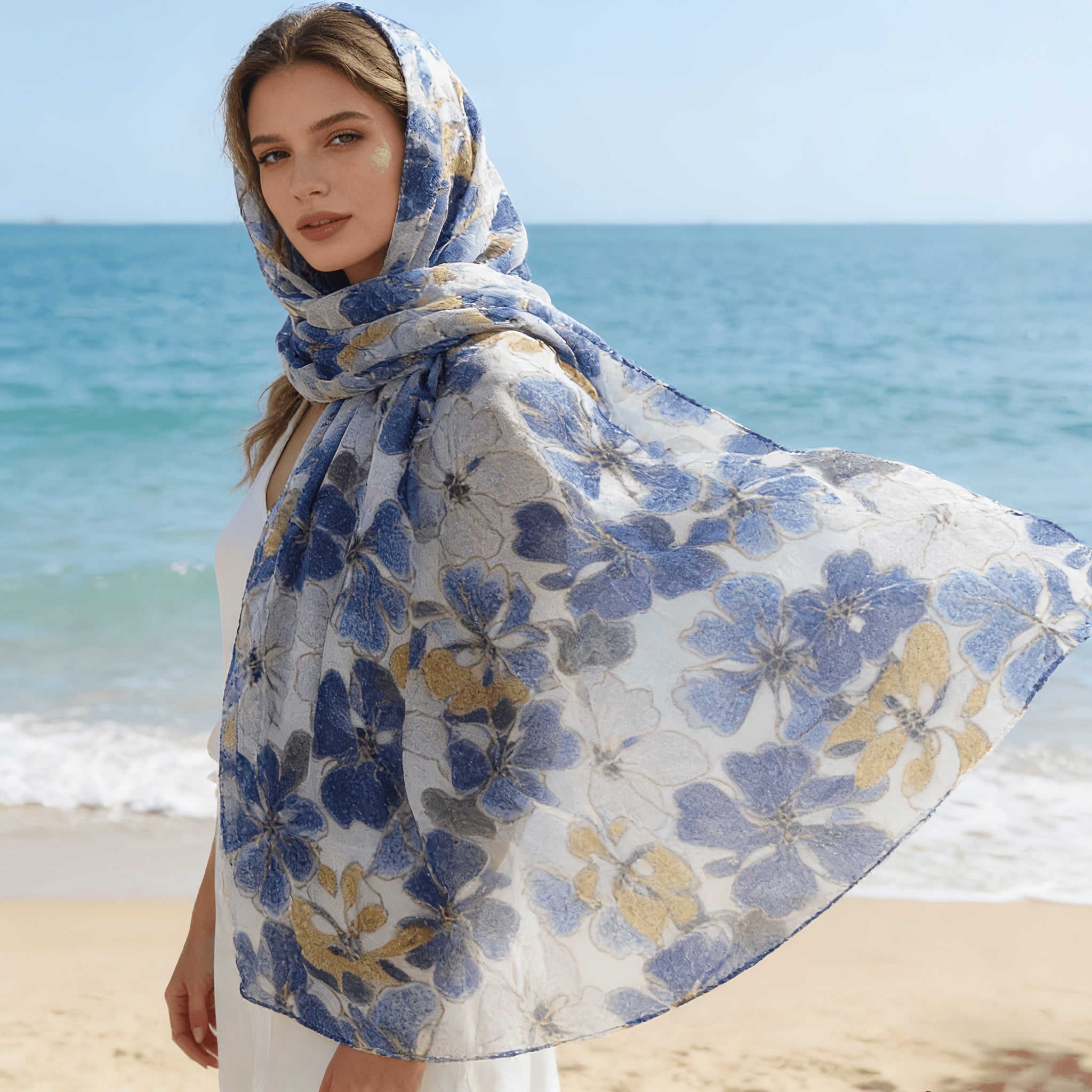 1pc Blue Golden Floral Bali Gauze Shawl for Women Spring Summer Thin Breathable Sunscreen Wrap Vacation Atmosphere Gauze Scarf Lightweight Flowy Skin-Friendly Non-Sweaty Multi-Scene Versatile