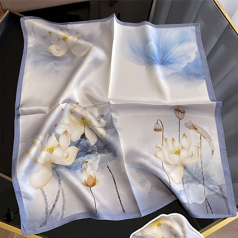 A Fresh and Elegant 100% Silk New Chinese-style Ink Wash Print Square Scarf, Silk Scarf, Headscarf, Neck Accessory, Neck Warmer, and Shawl. Featuring a Light Beige Base Paired with Freehand Ink-wash Line Elements in Soft-blended Pale Blue, the Hazy