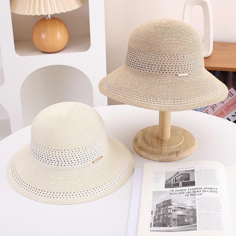 1pc Simple Hollowed Straw Bucket Hat with Breathable Rush Grass Weave & Braided Pattern for Women | Birthday Occasion | All-Match Sunshade | Four Seasons Wear