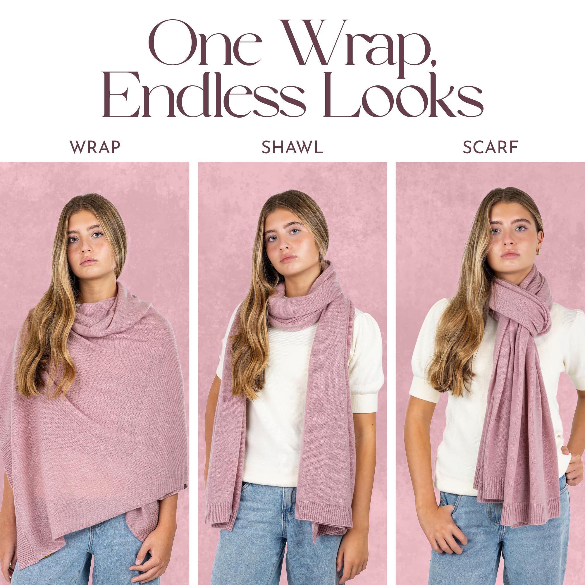 Velanio Cashmere Luxury Knitted Wrap Travel Shawl Scarf, Pashmina Stole, All-Season Scarf for Women Cashmere Wool Blend