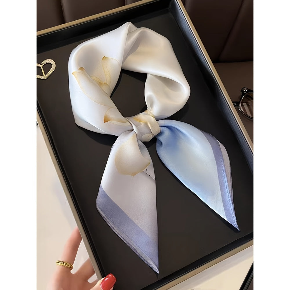 A Fresh and Elegant 100% Silk New Chinese-style Ink Wash Print Square Scarf, Silk Scarf, Headscarf, Neck Accessory, Neck Warmer, and Shawl. Featuring a Light Beige Base Paired with Freehand Ink-wash Line Elements in Soft-blended Pale Blue, the Hazy