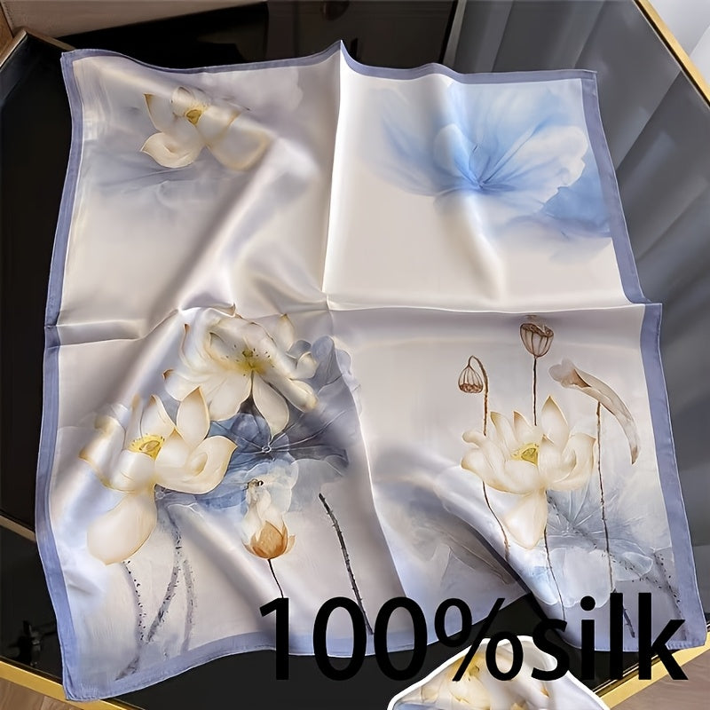 A Fresh and Elegant 100% Silk New Chinese-style Ink Wash Print Square Scarf, Silk Scarf, Headscarf, Neck Accessory, Neck Warmer, and Shawl. Featuring a Light Beige Base Paired with Freehand Ink-wash Line Elements in Soft-blended Pale Blue, the Hazy