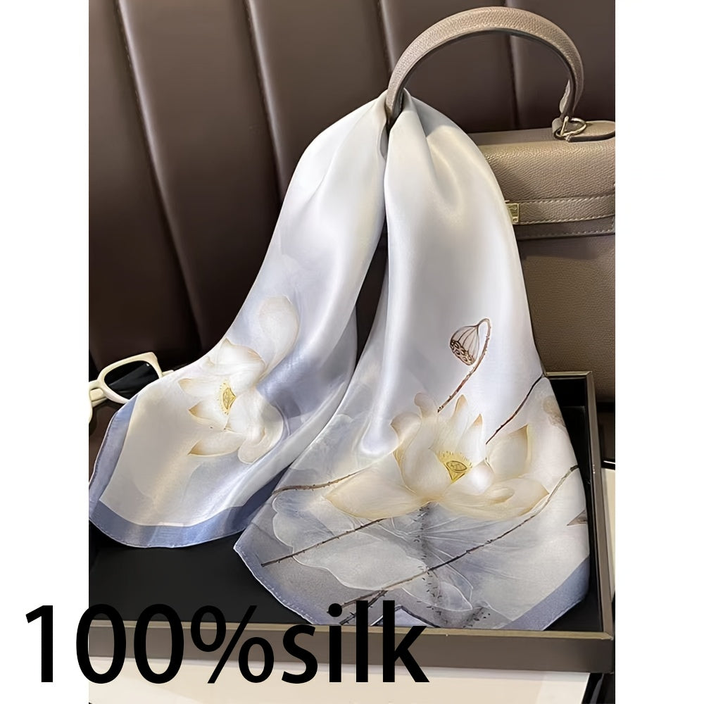 A Fresh and Elegant 100% Silk New Chinese-style Ink Wash Print Square Scarf, Silk Scarf, Headscarf, Neck Accessory, Neck Warmer, and Shawl. Featuring a Light Beige Base Paired with Freehand Ink-wash Line Elements in Soft-blended Pale Blue, the Hazy