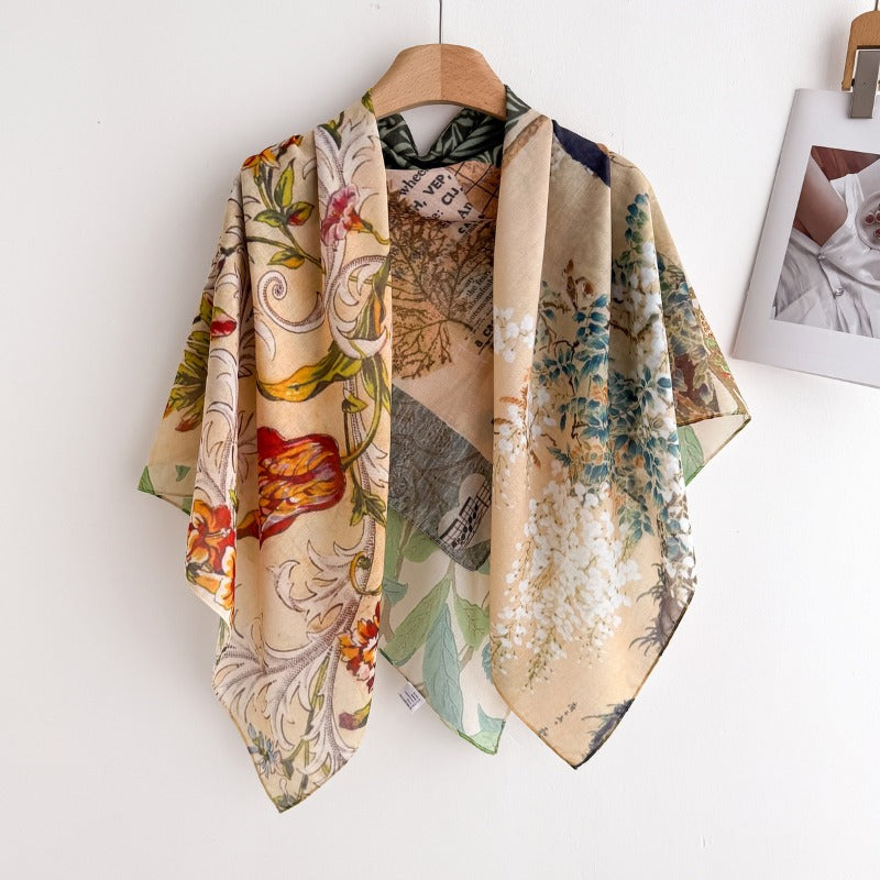 New French Retro Literary 110 Square Scarf Travel Travel Thin Wear Printed Large Square Scarf Women'S Shawl