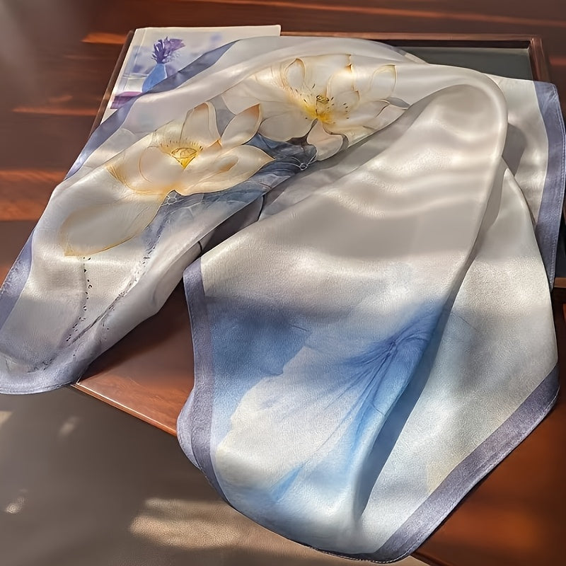 A Fresh and Elegant 100% Silk New Chinese-style Ink Wash Print Square Scarf, Silk Scarf, Headscarf, Neck Accessory, Neck Warmer, and Shawl. Featuring a Light Beige Base Paired with Freehand Ink-wash Line Elements in Soft-blended Pale Blue, the Hazy