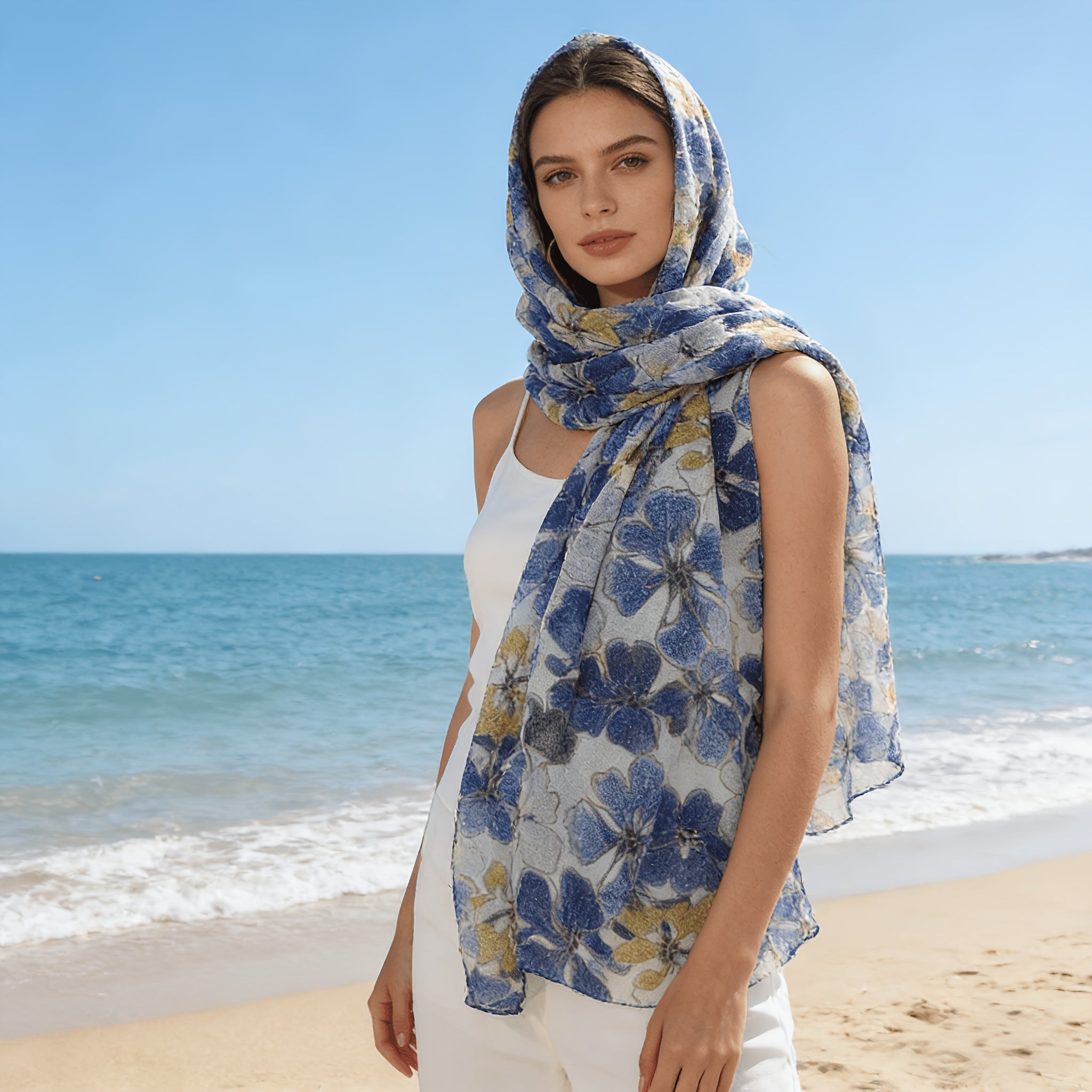 1pc Blue Golden Floral Bali Gauze Shawl for Women Spring Summer Thin Breathable Sunscreen Wrap Vacation Atmosphere Gauze Scarf Lightweight Flowy Skin-Friendly Non-Sweaty Multi-Scene Versatile