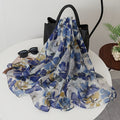 1pc Blue Golden Floral Bali Gauze Shawl for Women Spring Summer Thin Breathable Sunscreen Wrap Vacation Atmosphere Gauze Scarf Lightweight Flowy Skin-Friendly Non-Sweaty Multi-Scene Versatile