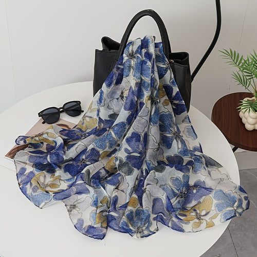 1pc Blue Golden Floral Bali Gauze Shawl for Women Spring Summer Thin Breathable Sunscreen Wrap Vacation Atmosphere Gauze Scarf Lightweight Flowy Skin-Friendly Non-Sweaty Multi-Scene Versatile
