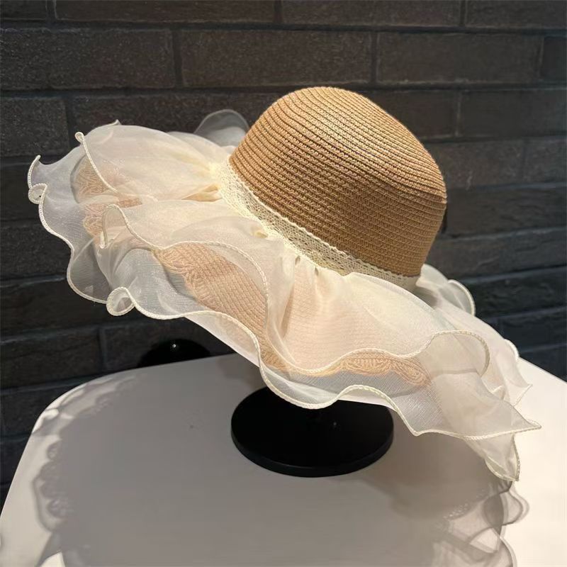 French-style Lace Bow Straw Hat for Women, Summer Large Brim Hat, Beach Vacation Sun Hat