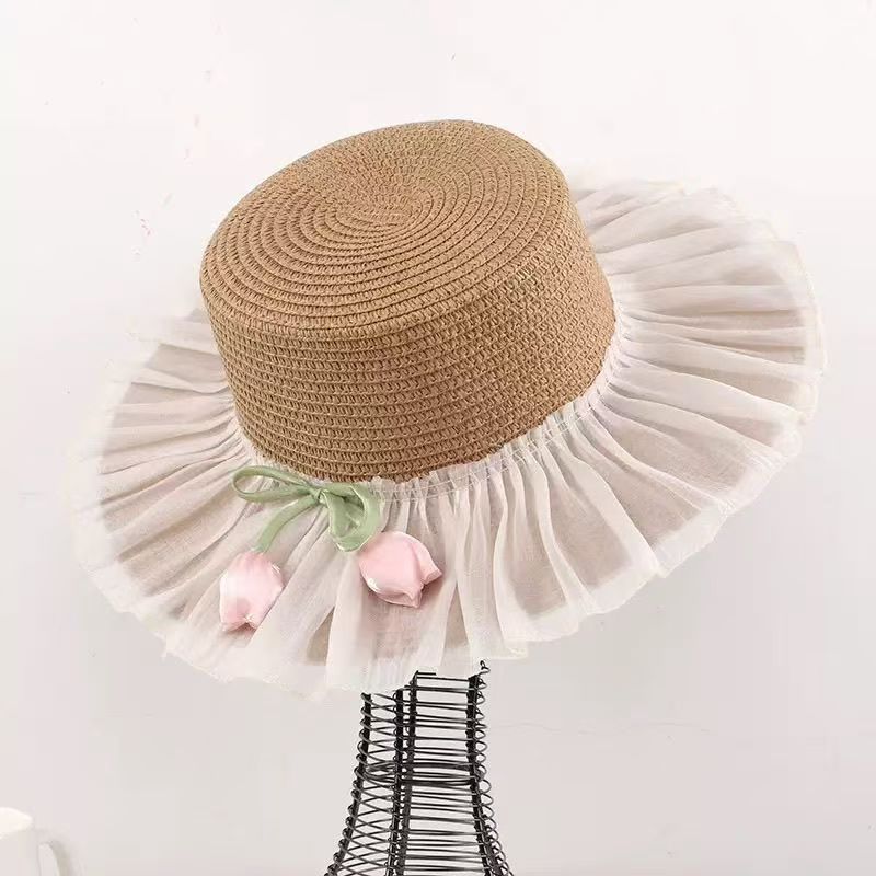 French-style Lace Bow Straw Hat for Women, Summer Large Brim Hat, Beach Vacation Sun Hat
